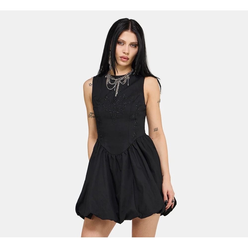 NWT Disturbia Ailis Balloon Hem Embroidered Sleeveless Mini Dress Black Size 16